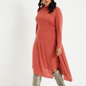 New Eloquii Asymmetrical Turtleneck Midi Dress slit side Orange Red Size 16